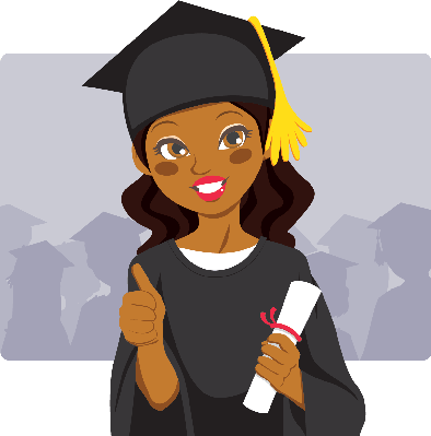 Animated black woman in a cap and gown holding diploma