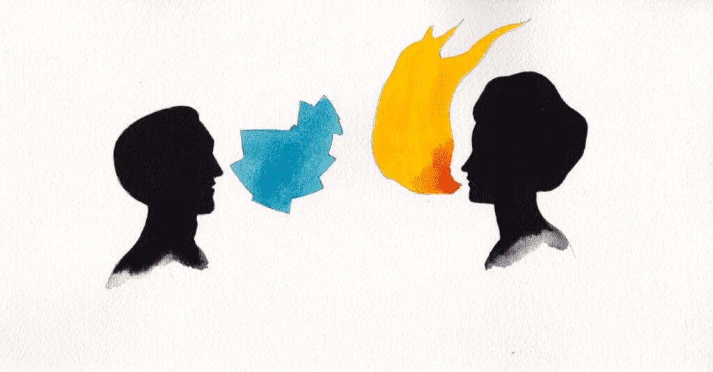 Silhouette drawing of a man and woman speaking