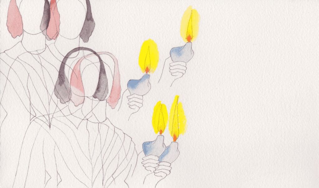 Drawing of a group of people holding candles