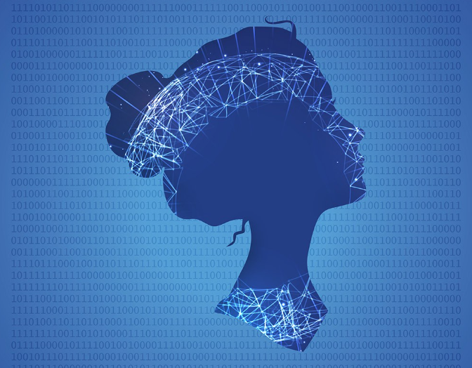 Silhouette of a woman with network lights on her face, gender gap in tech