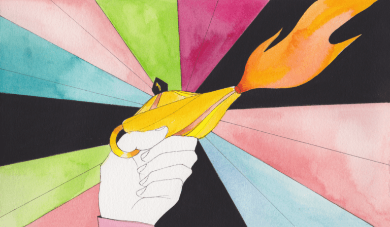 Drawing of a hand holding a lamp with flames coming