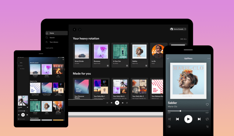 Spotify platform showing on tablet, mobile and laptop