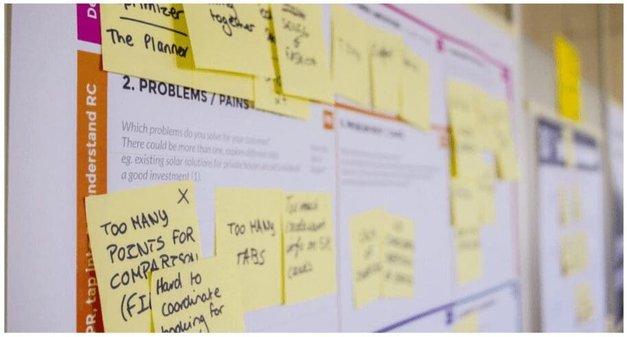 White board with ideas on sticky notes