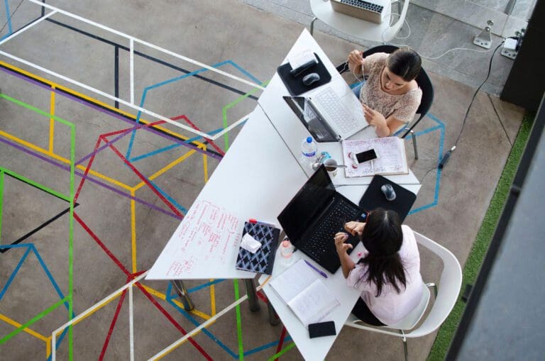 Two women using laptops