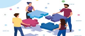 Agile illustration - four people bring jigsaw pieces together