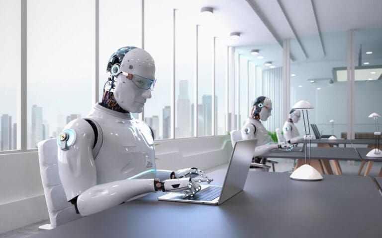 Robots sitting at desks performing office tech work