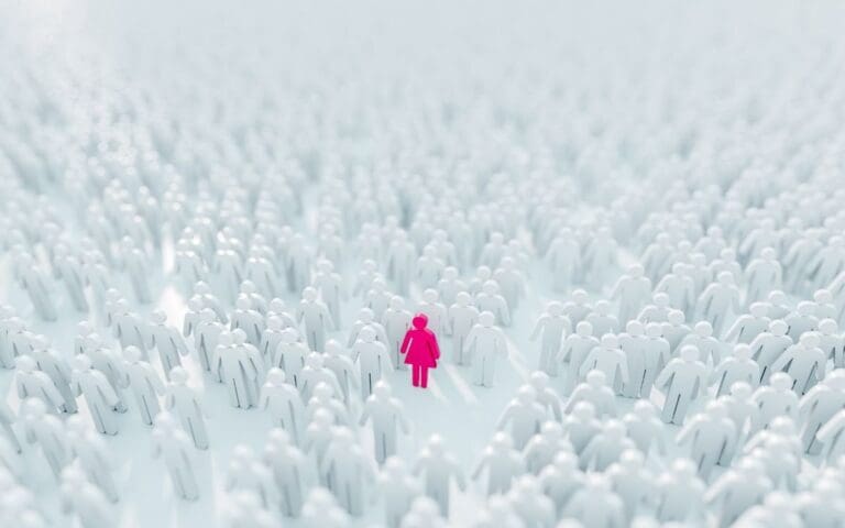 Pink female symbol in a crowd of white men symbols, female role model concept