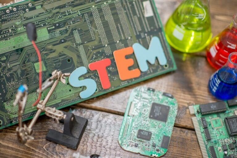 STEM letters on a circuit board