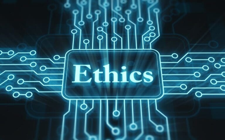 Ethics text on graphic of circuit board