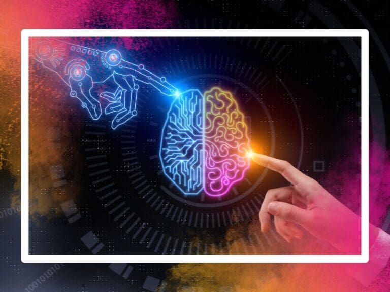 Artificial Intelligent hand touching bran with human hand, AI, Artificial Intelligence