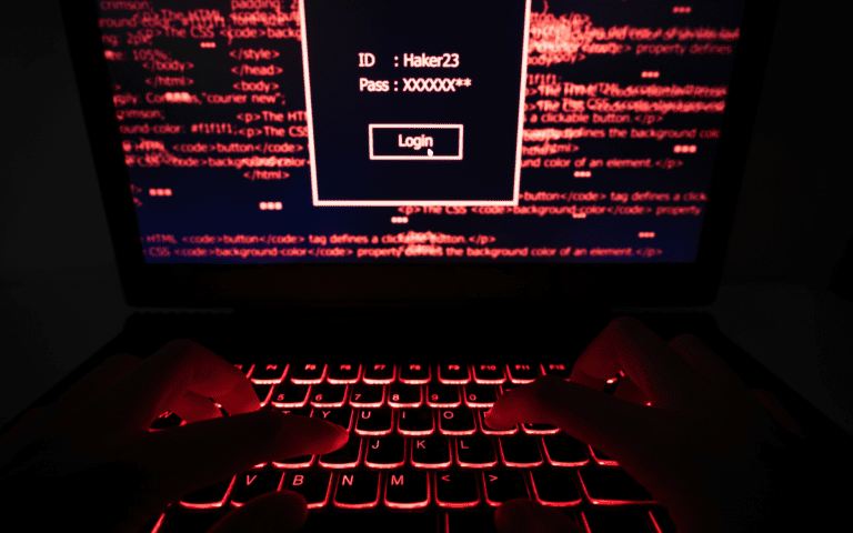 Hacker using laptop into dark web