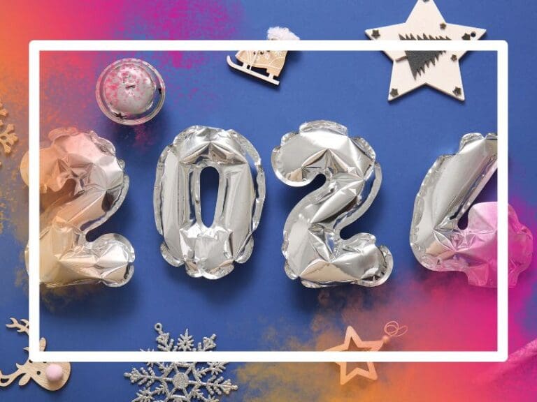Composition of 2024 using silver helium balloons, tech predictions for 2024 concept