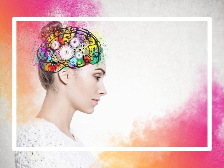 Side view of a pensive young woman with dark hair wearing a white blouse with a colourful brain full of cogs, neurodiverse women concept