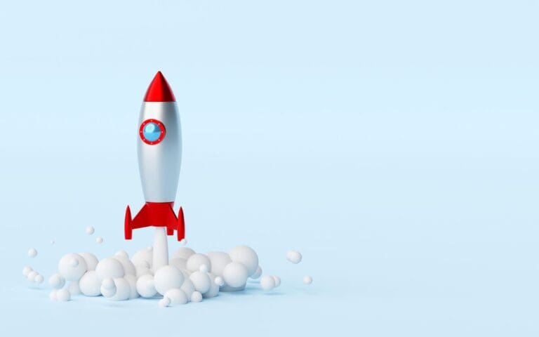 Business startup concept, rocket ship launching, women in business