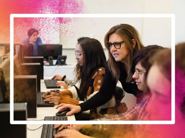 College students coding with teacher in a tech lab, tech leaders