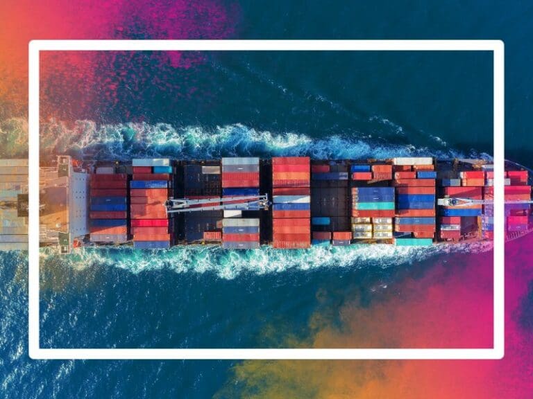 Aerial view Top speed with beautiful wave of container ship full load container with crane loading container for logistics import export or transportation concept background, product manager in the shipping industry