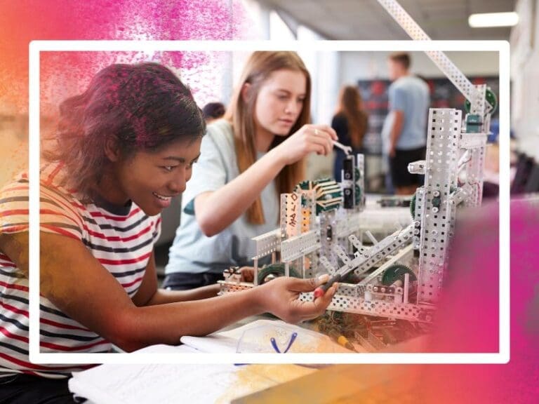 Two Female College Students Building Machine in Science Robotics, Diversity in Tech