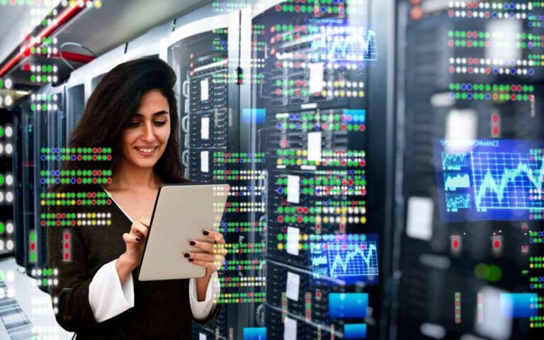 Female data engineer in a data centre