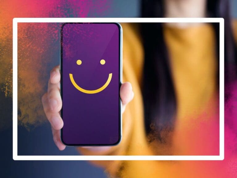 Business woman pressing smiley face emoticons to represent customer experience
