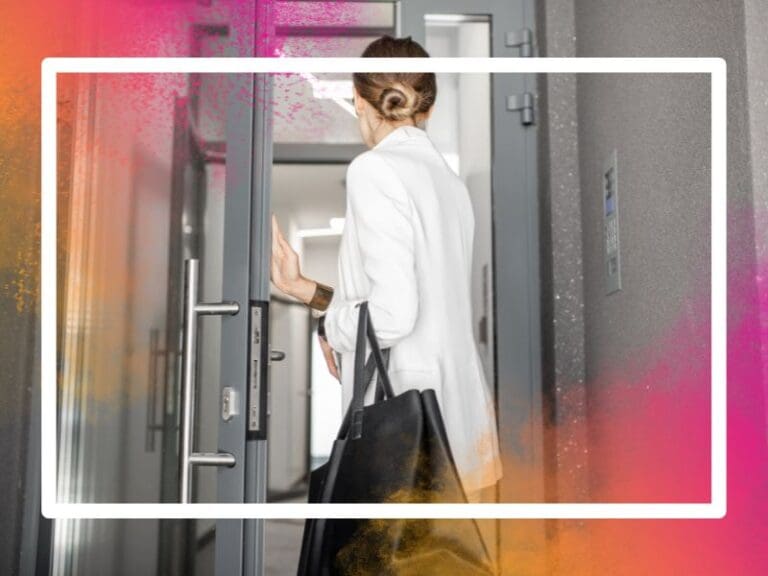 Woman with large bag enters office