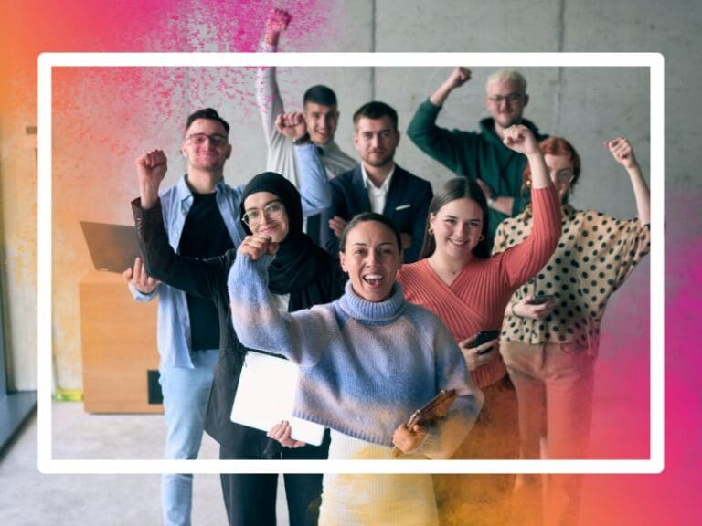 A diverse group of successful businessmen raises their hands in the air, symbolizing achievement, accomplishment, and the fulfillment of goals, exuding confidence, unity, and celebration of their
