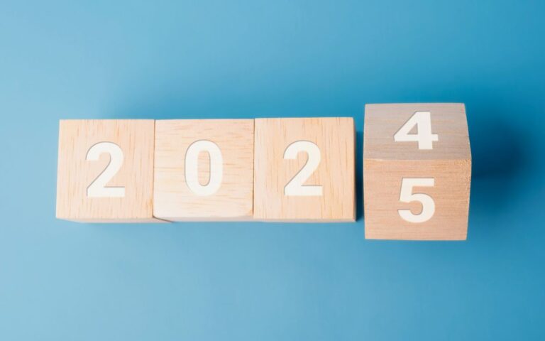 Transitioning from 2024 to 2025, wooden blocks on blue background, world of work