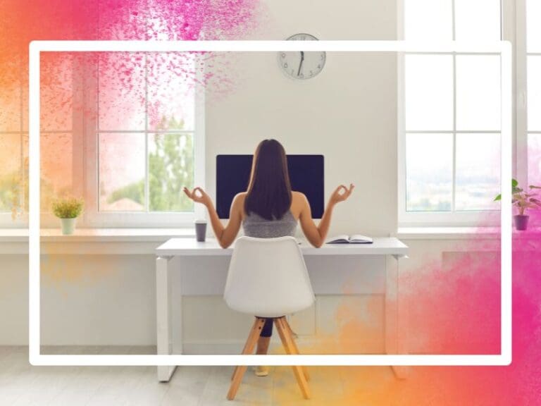 Woman Taking Break from Work and Meditating Sitting at Office Table with Computer and Coffee, Well-being concept