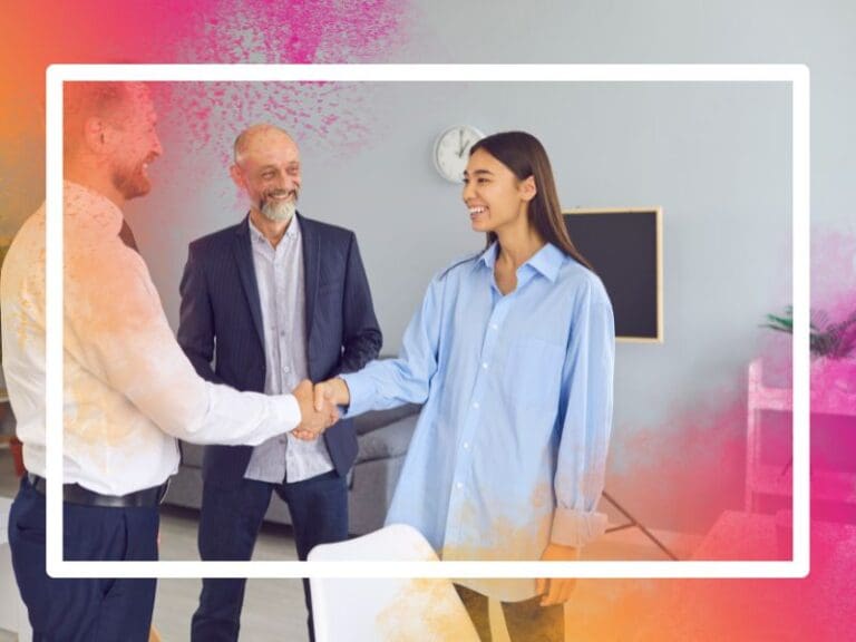 Happy Mature Company Director Introducing New Coworker to Smiling Employee in Office Workplace, sponsorship programme
