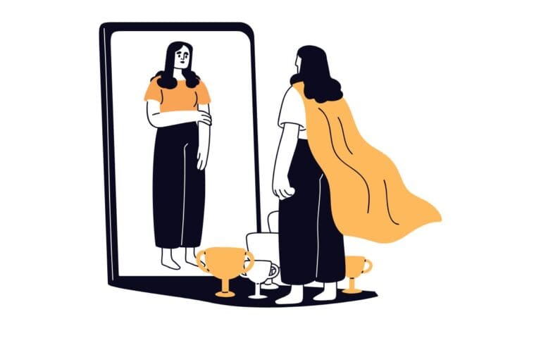 Successful woman looking in the mirror with a reflection doubting herself, imposter syndrome concept