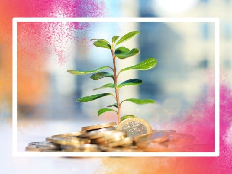 Plant growing out of a pile of coins, female investment, fintech concept