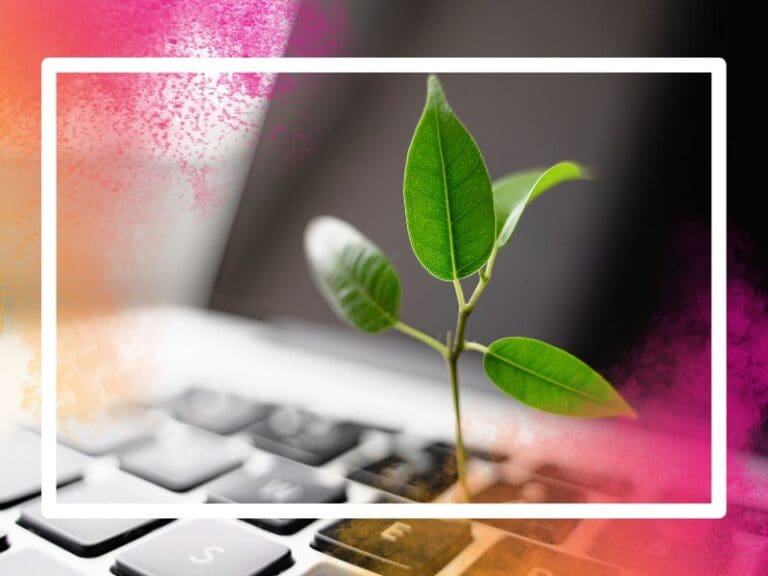 Growing Branch of Leaves on a Laptop Keyboard Closeup, Sustainable Tech Concept (1)