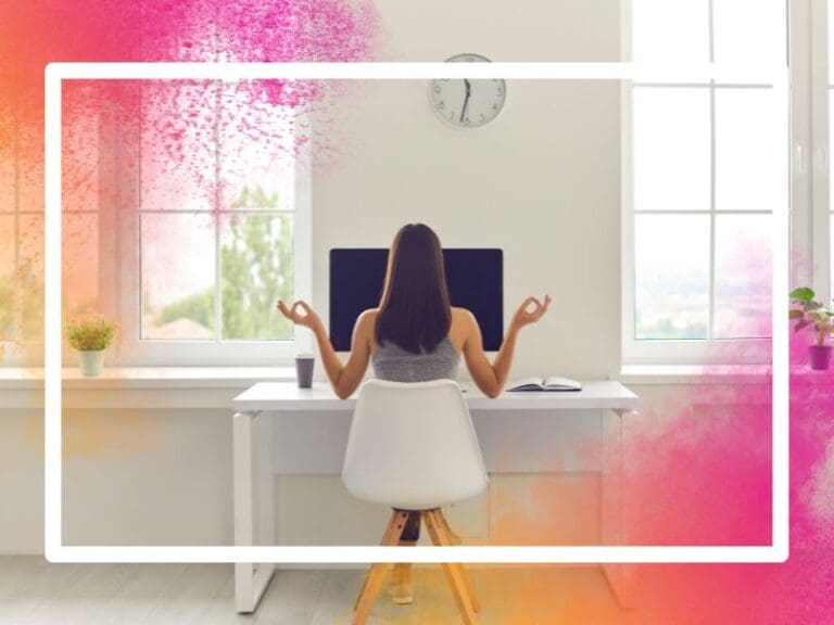 Woman Taking Break from Work and Meditating Sitting at Office Table with Computer and Coffee, Work-Life Balance concept