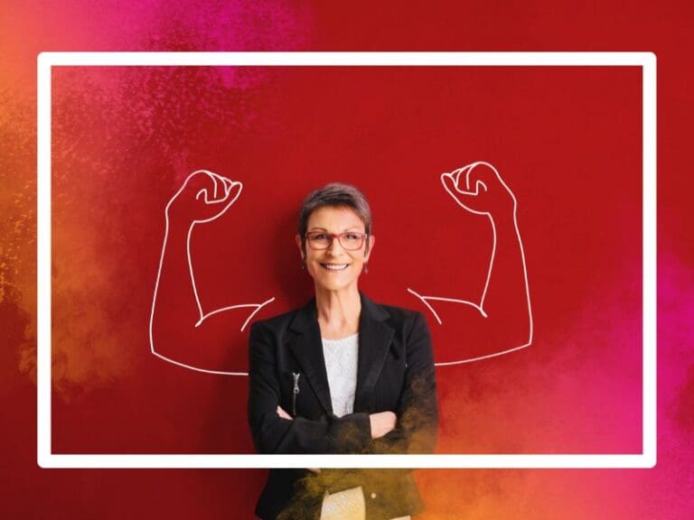 Woman in tech wearing a suit and red glasses with drawing of muscular arms behind her, leadership strengths concept