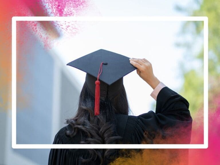 Back View of Asian Woman with Graduation Cap and Gown, Graduates