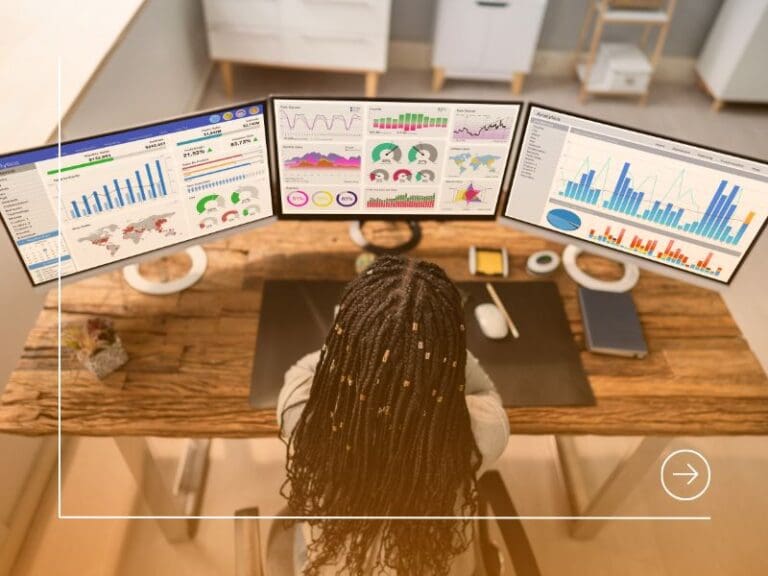 A female professional interacting with data visualizations, dashboards, or holographic AI-style graphics, financial AI concept