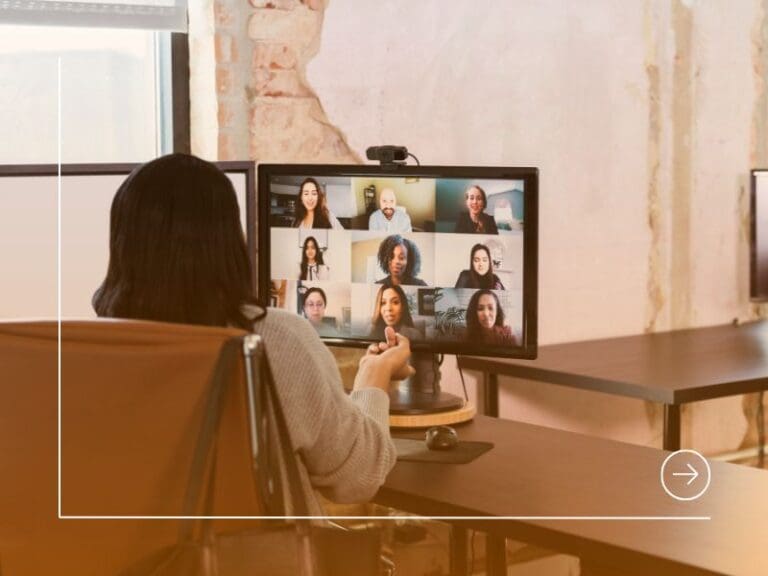 Businesspeople meet virtually during COVID-19 pandemic, virtual presentation concept