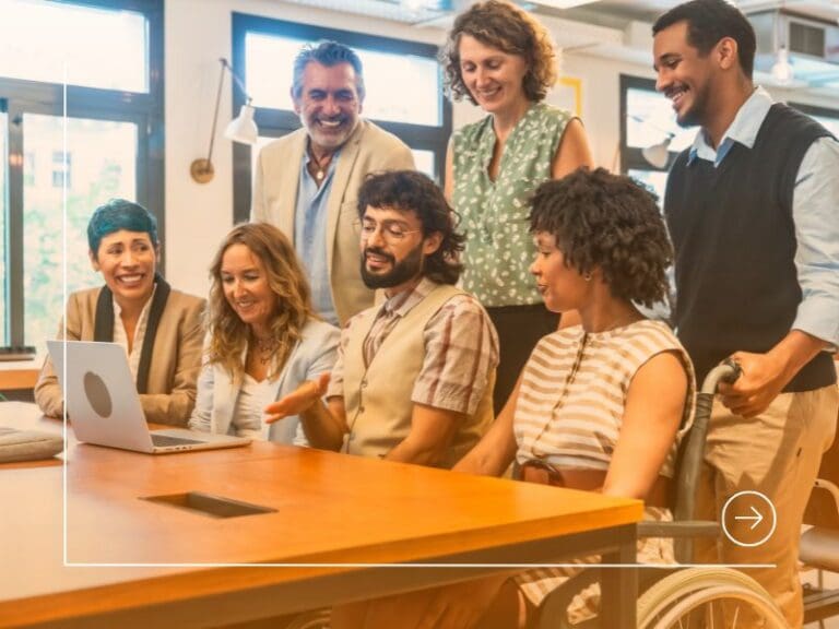 Diverse corporate team collaborating in inclusive coworking office