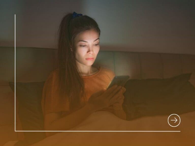 Asian Woman Staying up Late at Night Using Her Mobile Phone, Digital Presenteeism concept
