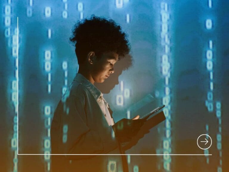 Female leader standing in front of binary code, cybersecurity concept