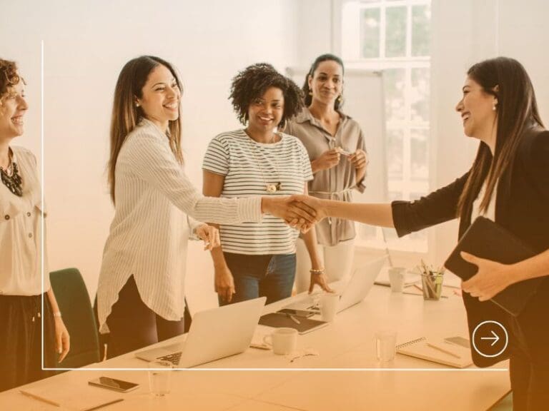 New job, interviewee shaking hands with interviewers, tech roles concept