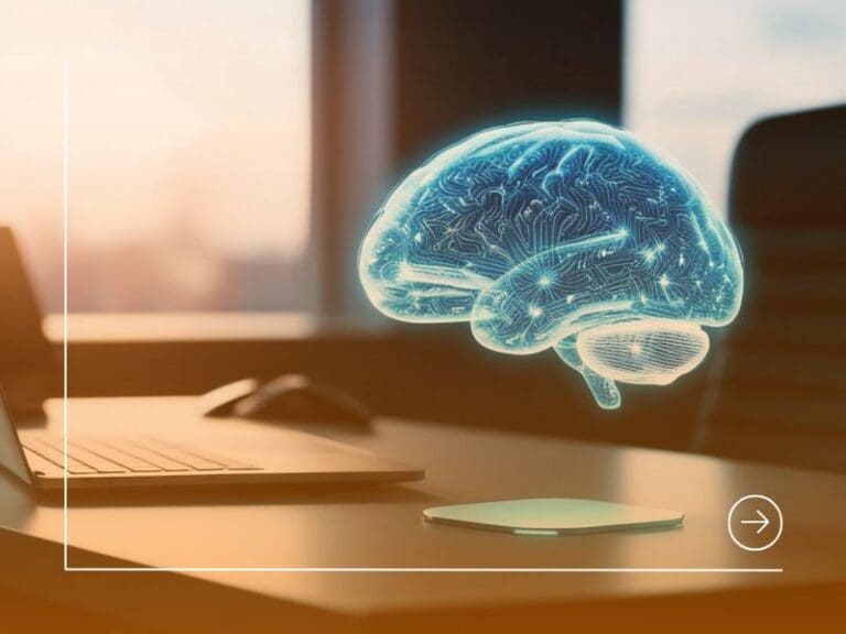 Brain Hologram Over Laptop on Desk, AI concept