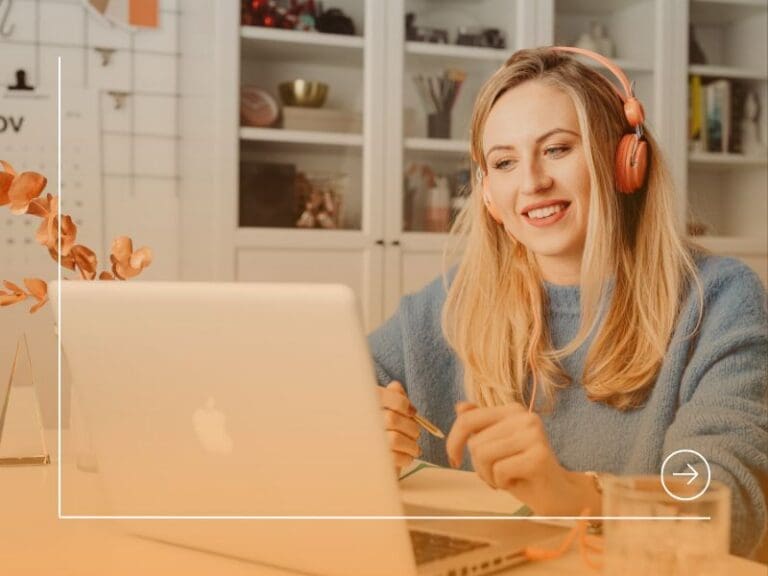 Smiling woman working remotely wearing orange headphones, being authentic without burning out concept