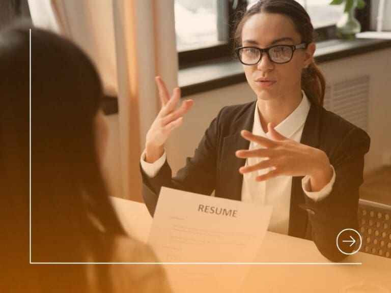 Confident millennial female applicant in glasses talking at job interview, your value