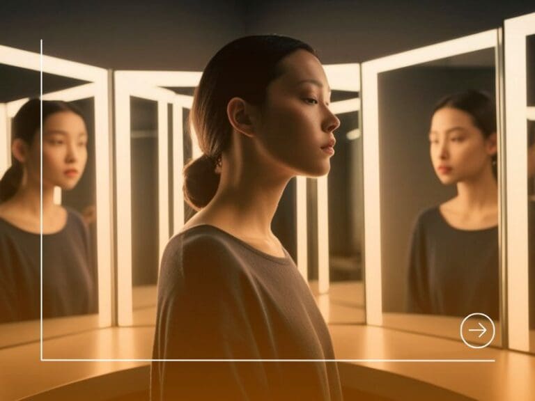 Woman looking in an illuminated vanity mirror, imposter syndrome and perception concept