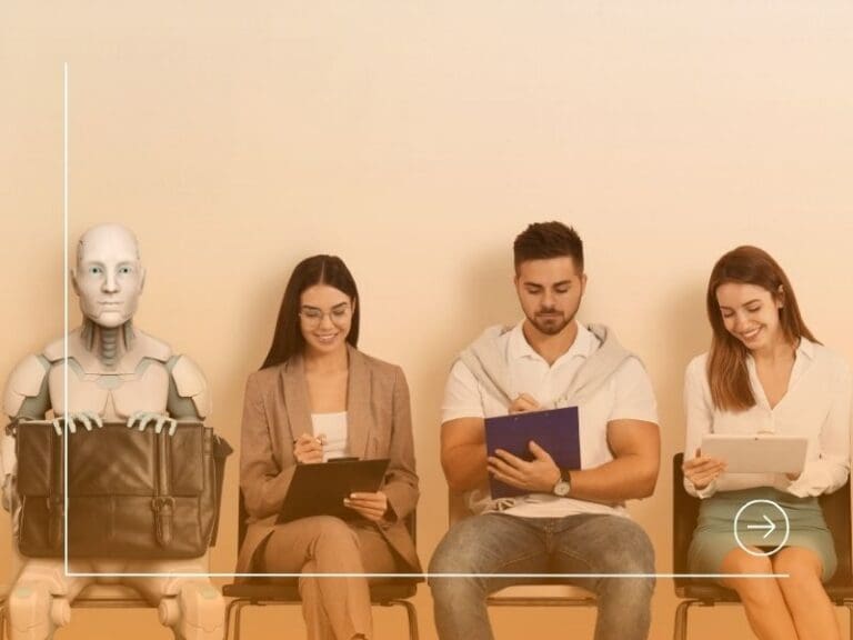 Robot and People Waiting for Job Interview. Replacing Human Workers with Artificial Intelligence, AI