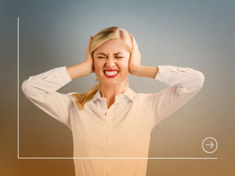 Young woman blocking her ears, inner critic, career change concept